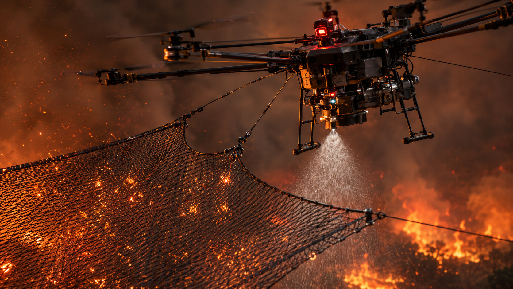Close-up of drone spraying fire netting while embers are caught in the mesh