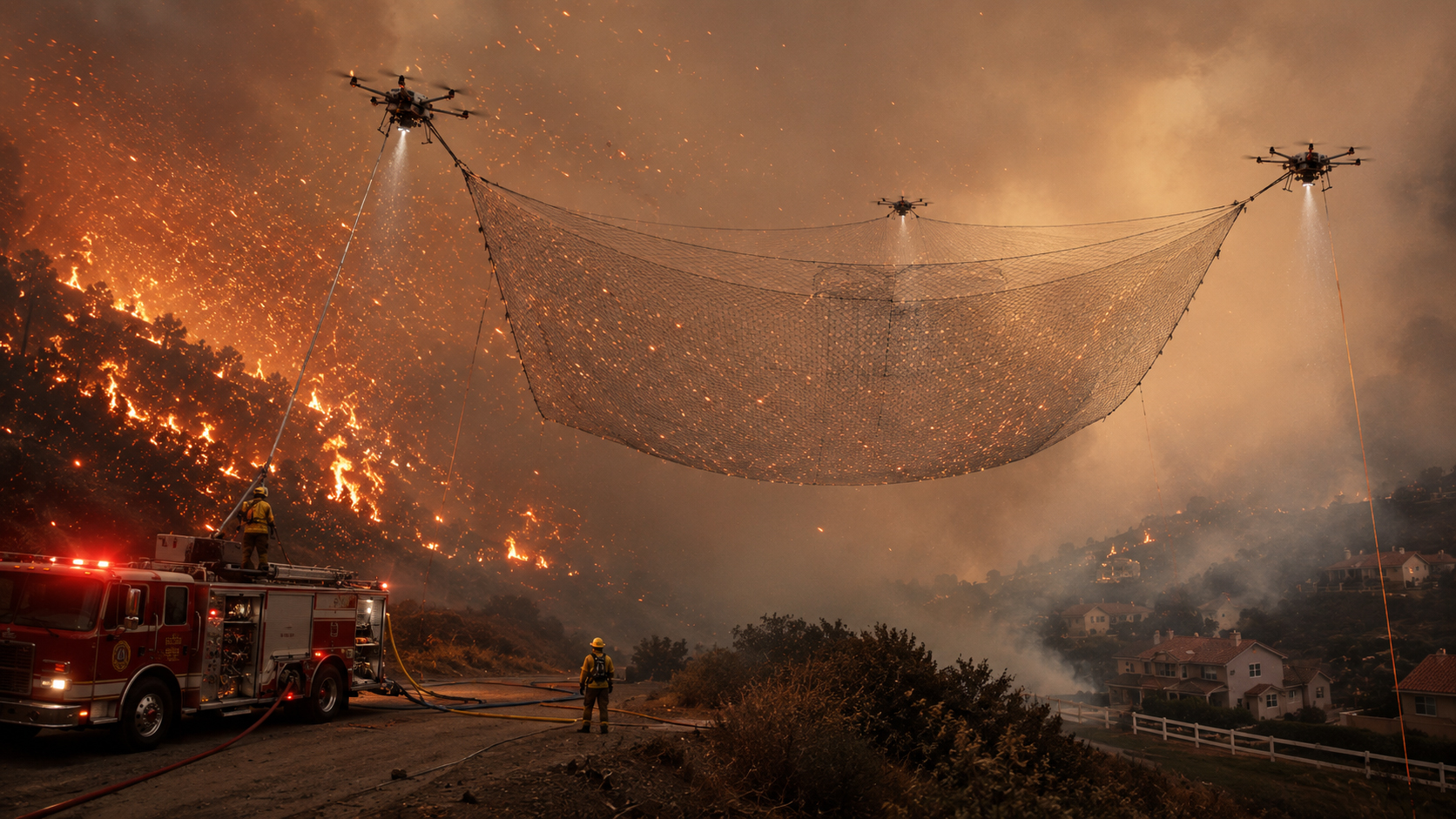 Fire truck supporting tethered drone net deployment with water and power lines