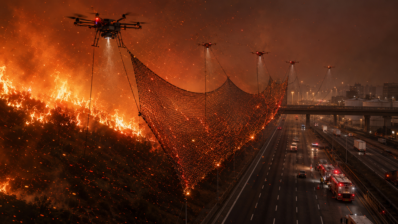 Drone ember net system protecting a freeway firebreak from wildfire embers