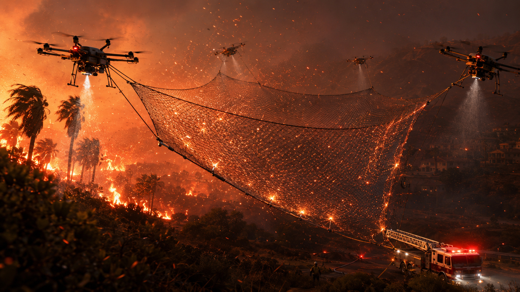 Heavy-lift drones deploying fire-resistant ember netting during a wildfire