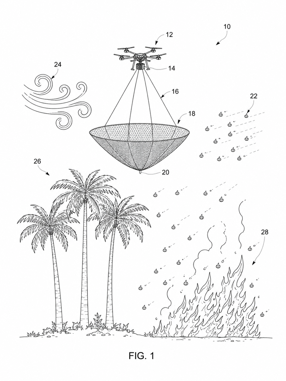 Patent-style figure showing single UAV parachute net catching wildfire embers