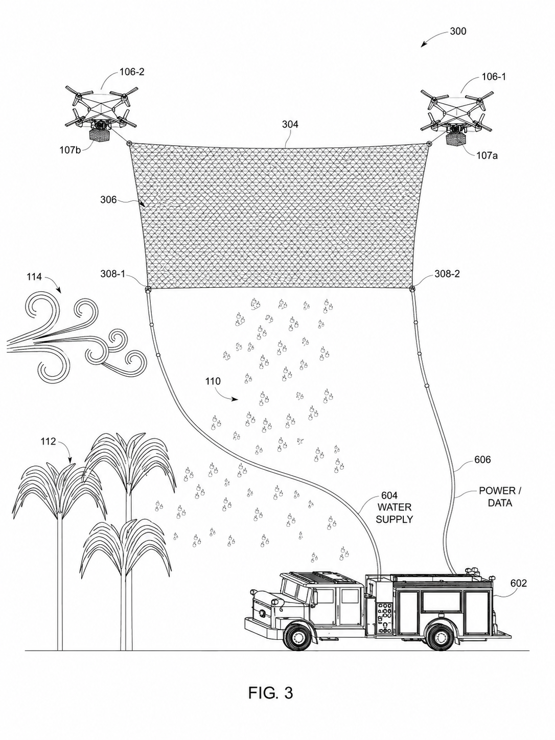 Patent-style figure showing fire truck providing power and water to two UAV net system