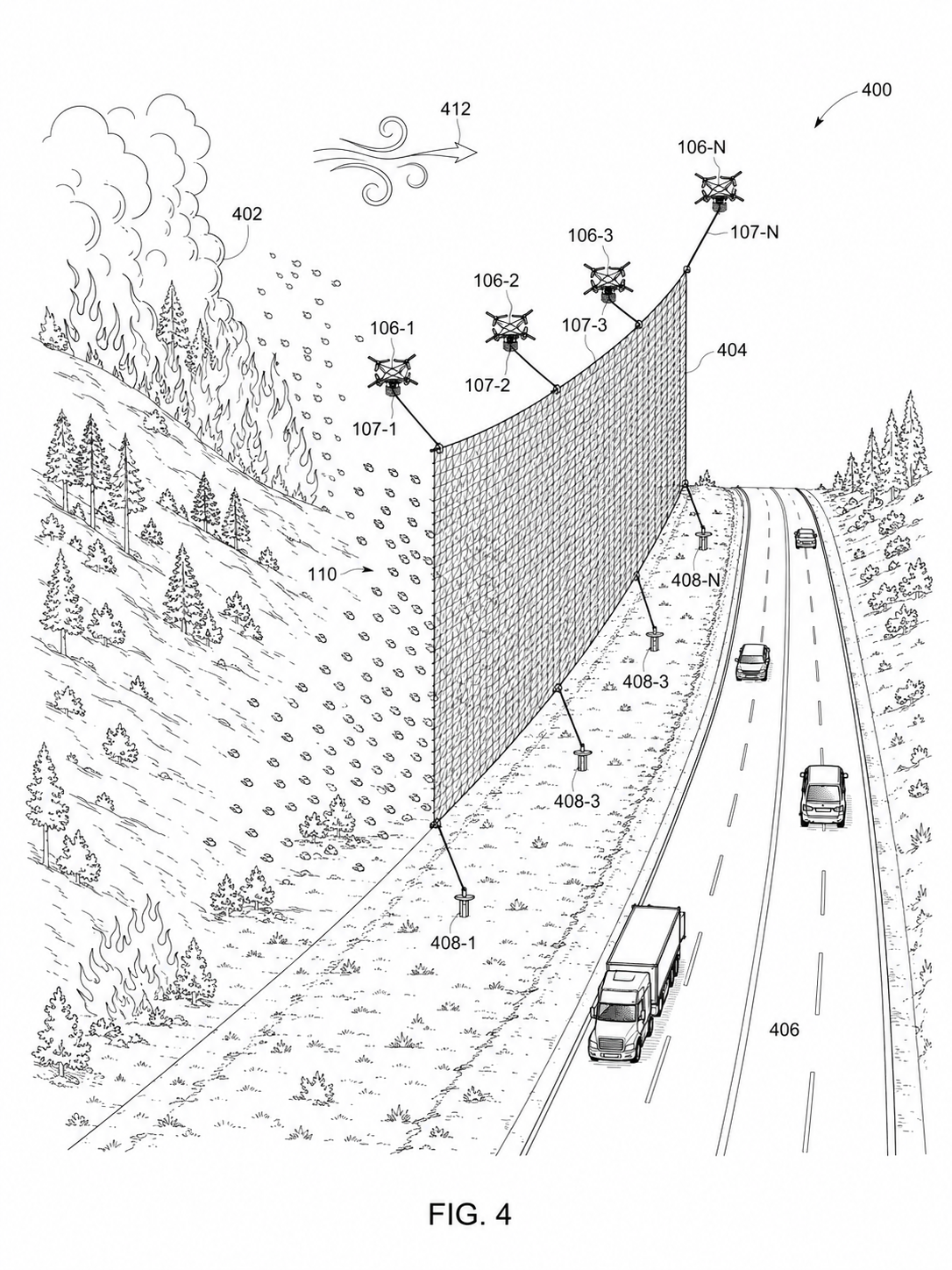 Patent-style figure showing highway barrier multi UAV net system