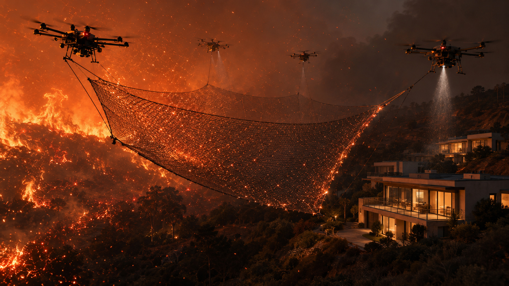 Drone-controlled ember net protecting hillside homes from windborne wildfire embers